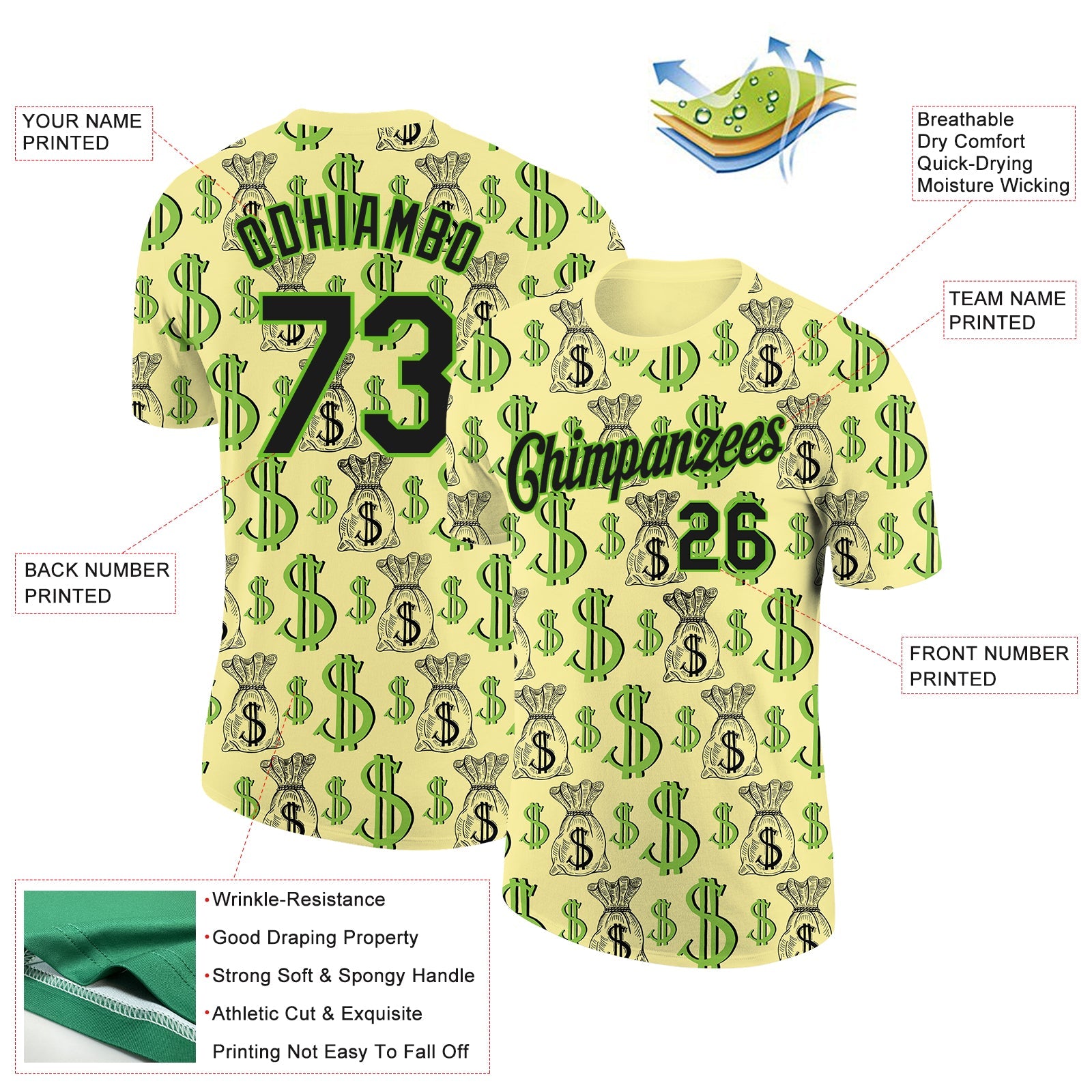 Custom Light Yellow Black-Aurora Green 3D Pattern Design Dollar Sign Money Theme Performance T-Shirt view 2