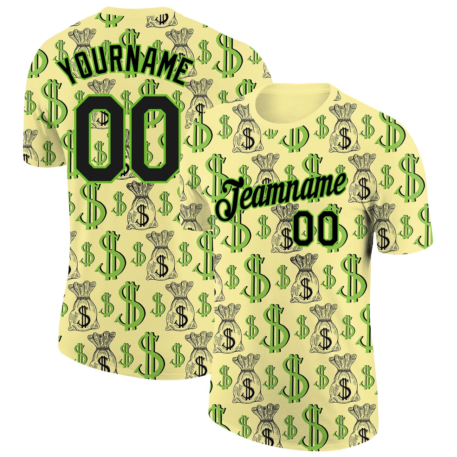 Custom Light Yellow Black-Aurora Green 3D Pattern Design Dollar Sign Money Theme Performance T-Shirt - Main View