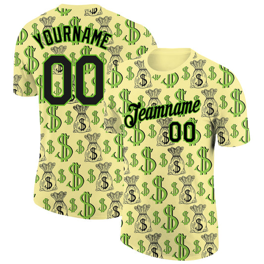 Custom Light Yellow Black-Aurora Green 3D Pattern Design Dollar Sign Money Theme Performance T-Shirt - Main View