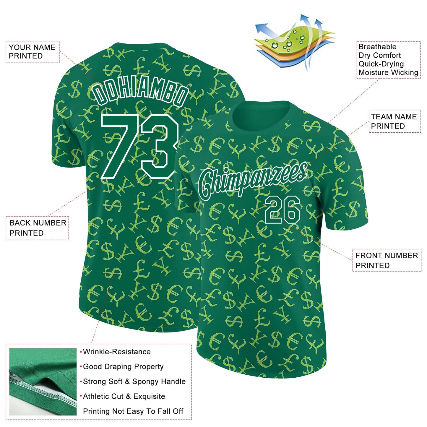 Custom Kelly Green White 3D Pattern Design Money Sign Performance T-Shirt view 2