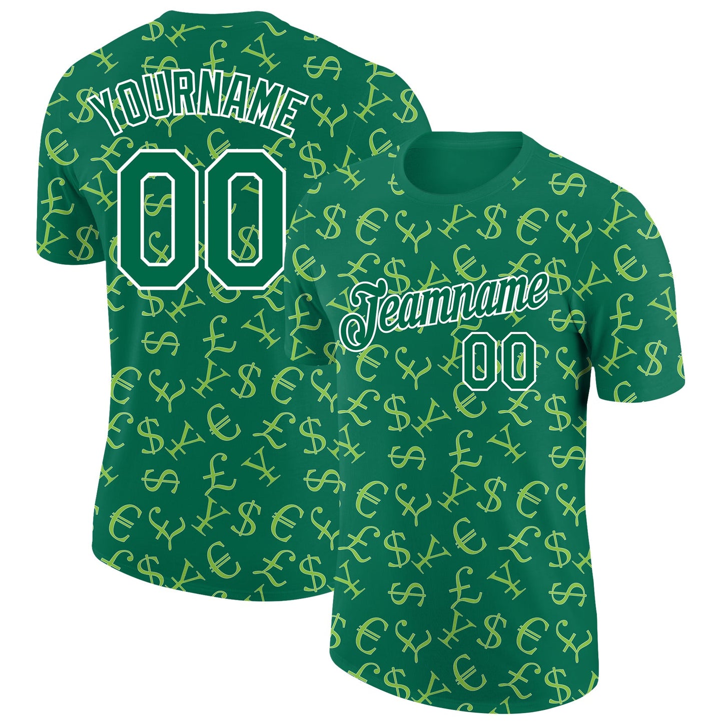 Custom Kelly Green White 3D Pattern Design Money Sign Performance T-Shirt - Main View