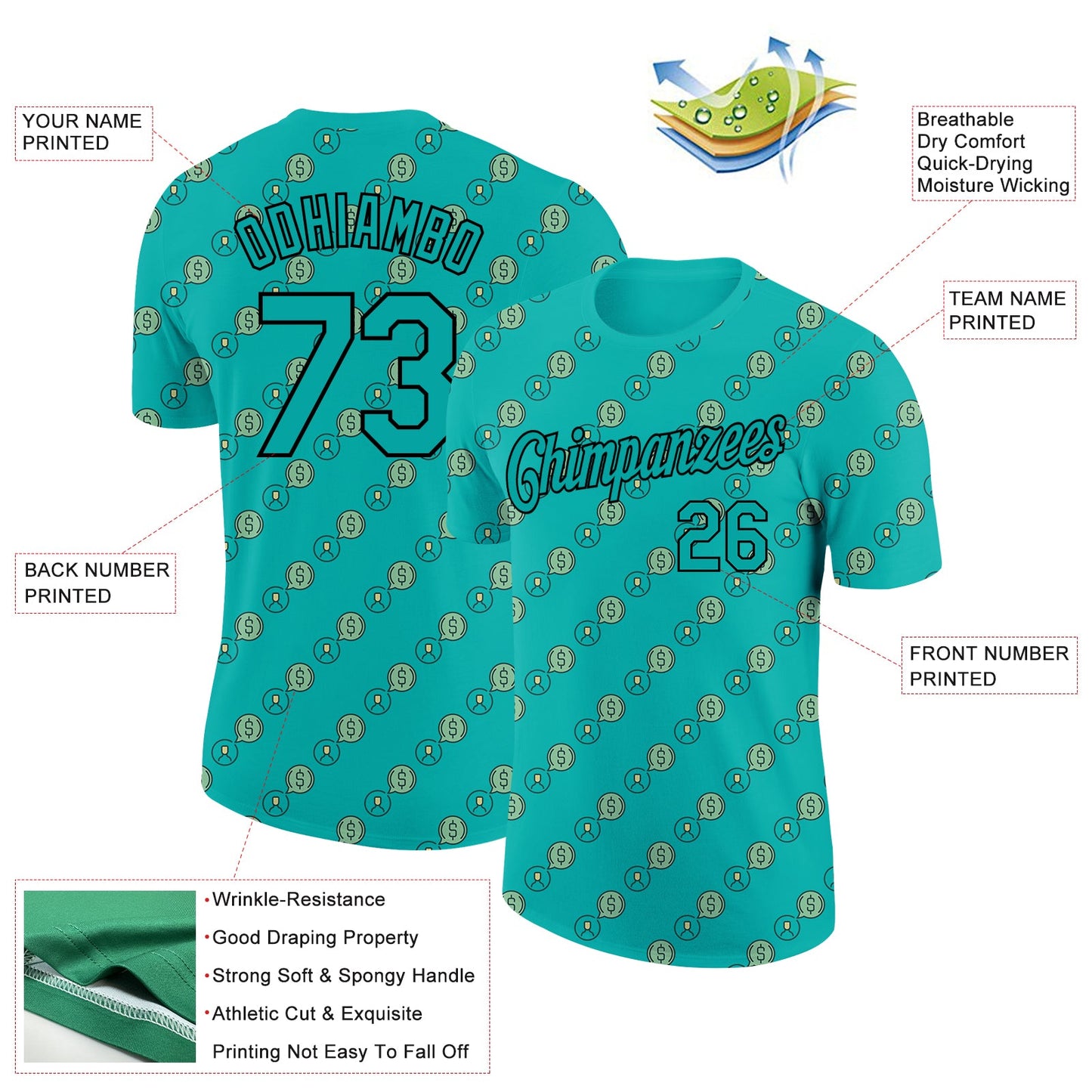 Custom Aqua Black 3D Pattern Design Dollar Sign Money Theme Performance T-Shirt view 2