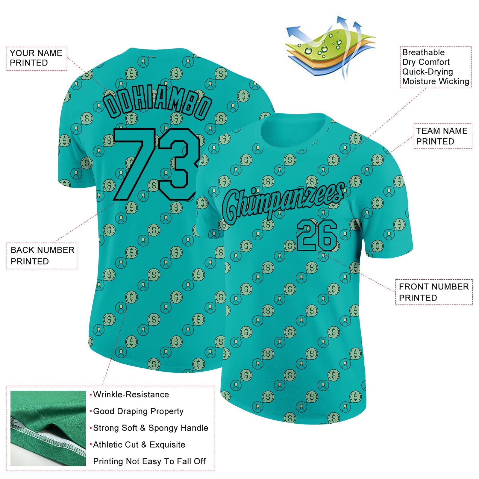 Custom Aqua Black 3D Pattern Design Dollar Sign Money Theme Performance T-Shirt view 2
