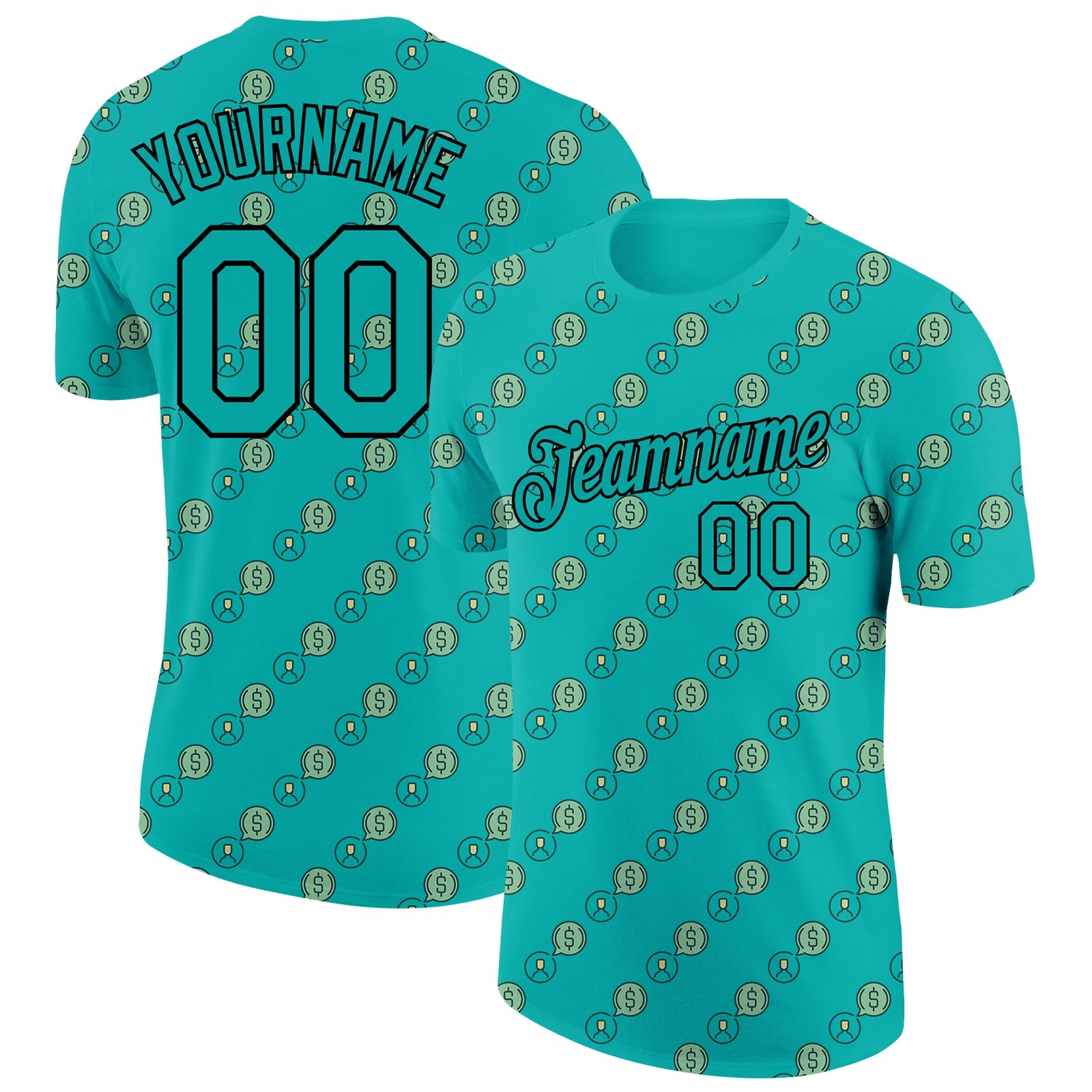 Custom Aqua Black 3D Pattern Design Dollar Sign Money Theme Performance T-Shirt - Main View