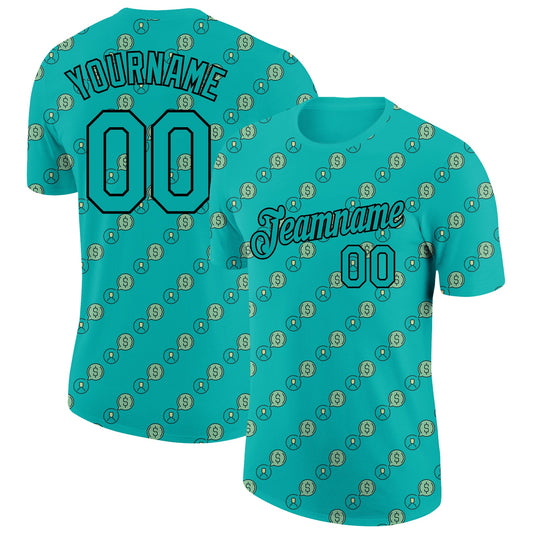 Custom Aqua Black 3D Pattern Design Dollar Sign Money Theme Performance T-Shirt - Main View