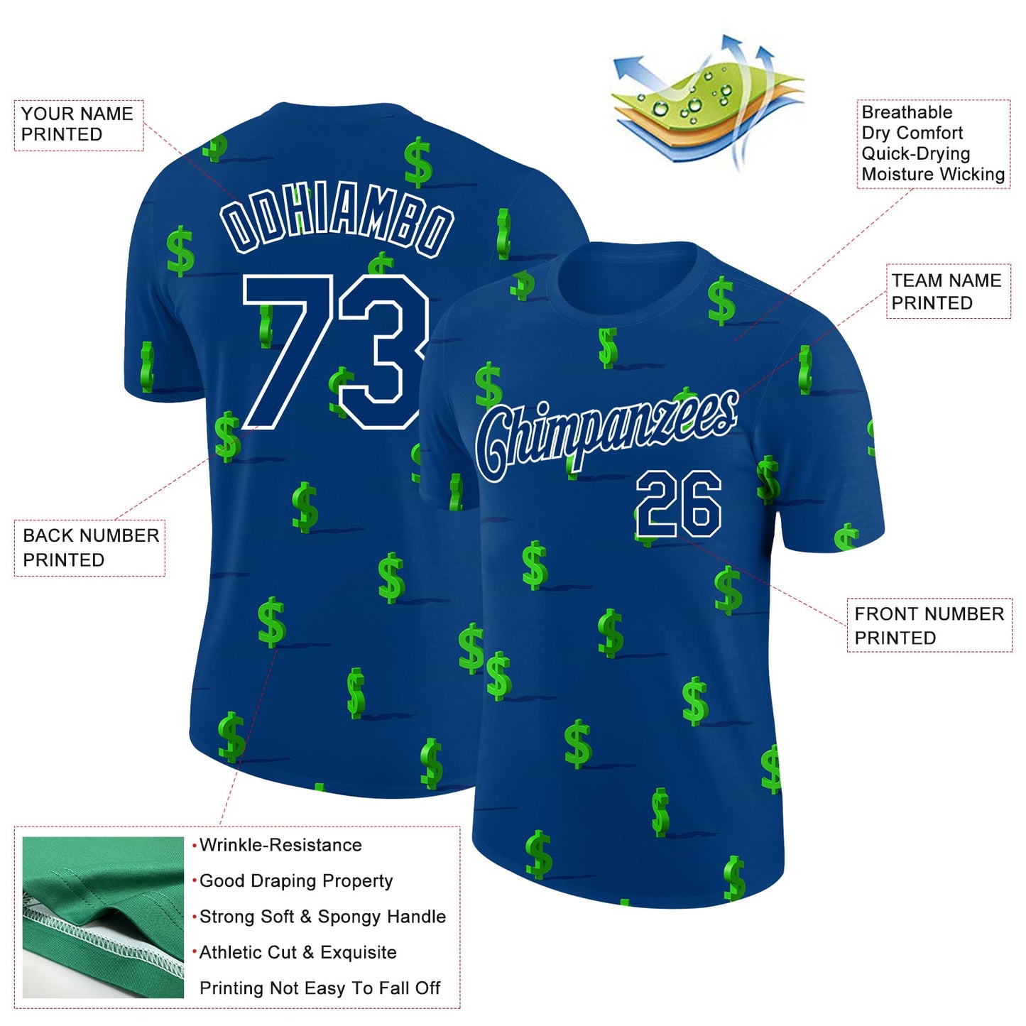 Custom US Navy Blue White 3D Pattern Design Dollar Sign Money Theme Performance T-Shirt view 2