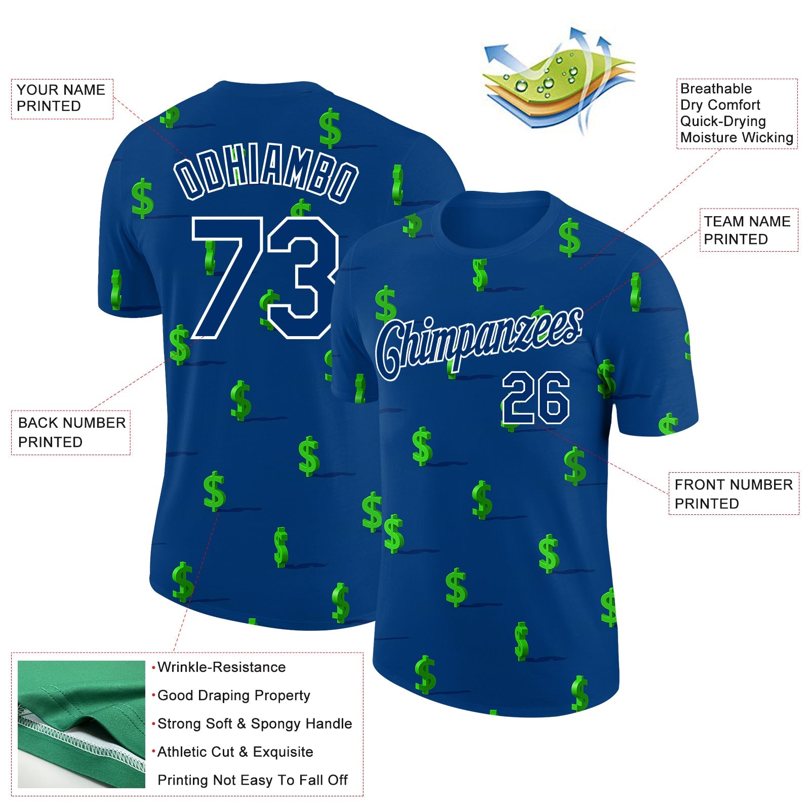 Custom US Navy Blue White 3D Pattern Design Dollar Sign Money Theme Performance T-Shirt view 2