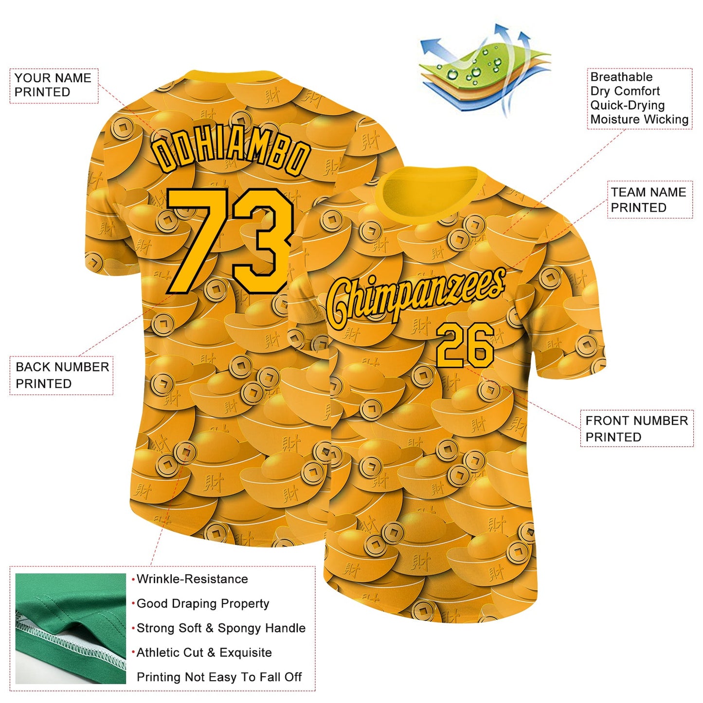 Custom Gold Black 3D Pattern Design Gold Ingot Money Theme Performance T-Shirt view 2