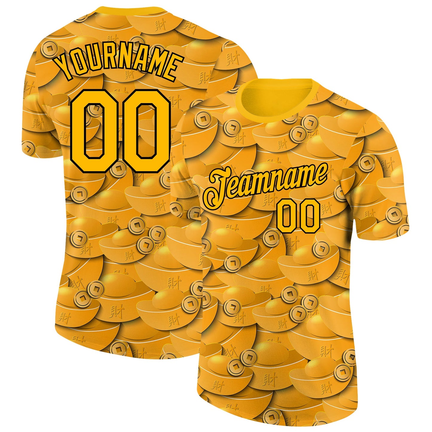 Custom Gold Black 3D Pattern Design Gold Ingot Money Theme Performance T-Shirt - Main View