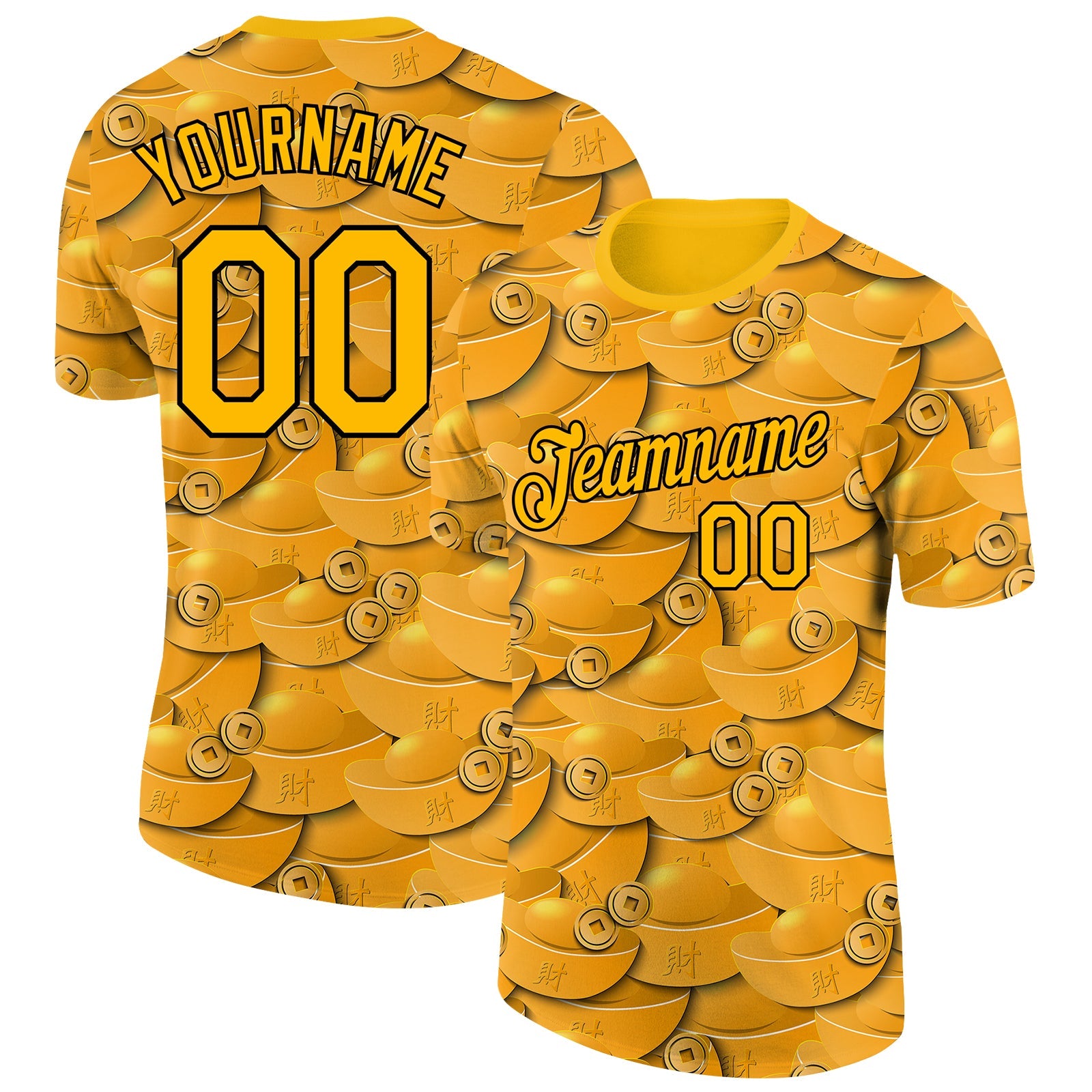 Custom Gold Black 3D Pattern Design Gold Ingot Money Theme Performance T-Shirt - Main View