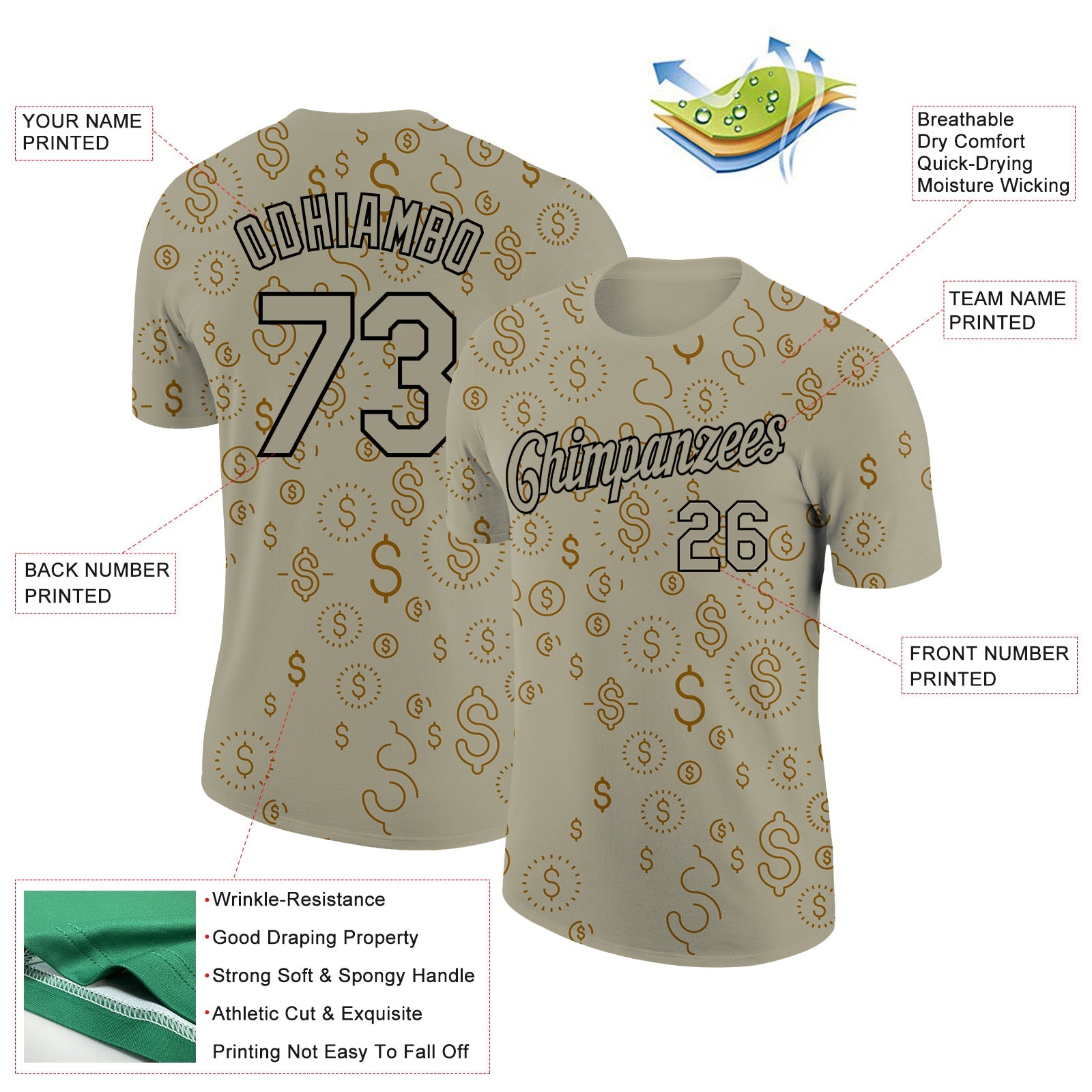 Custom Wheat Black 3D Pattern Design Dollar Sign Money Theme Performance T-Shirt view 2