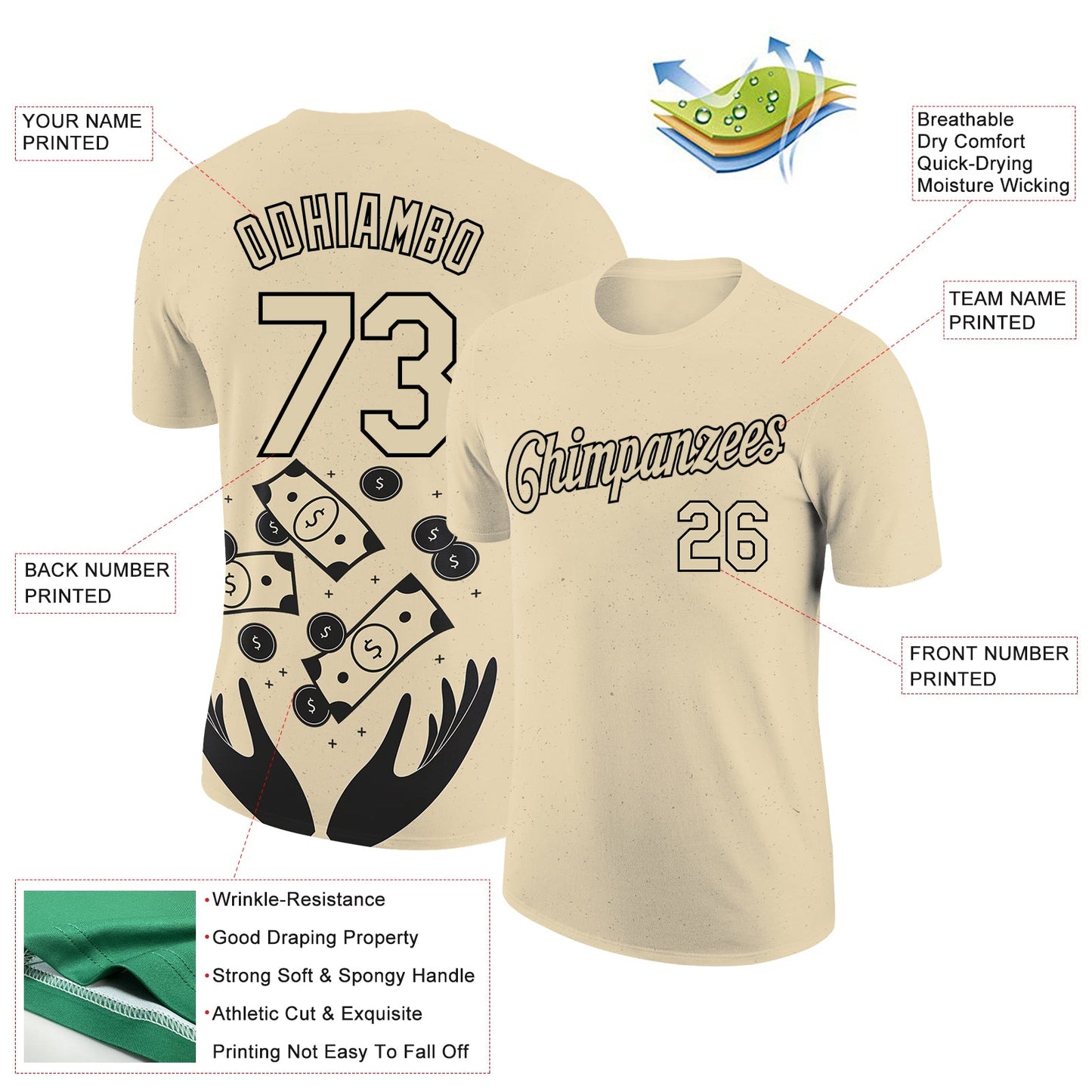 Custom City Cream Black 3D Pattern Design Dollar Sign Money Theme Performance T-Shirt view 2