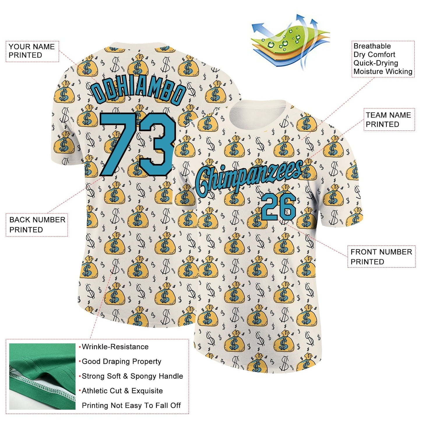 Custom Cream Panther Blue-Black 3D Pattern Design Dollar Sign Money Theme Performance T-Shirt view 2