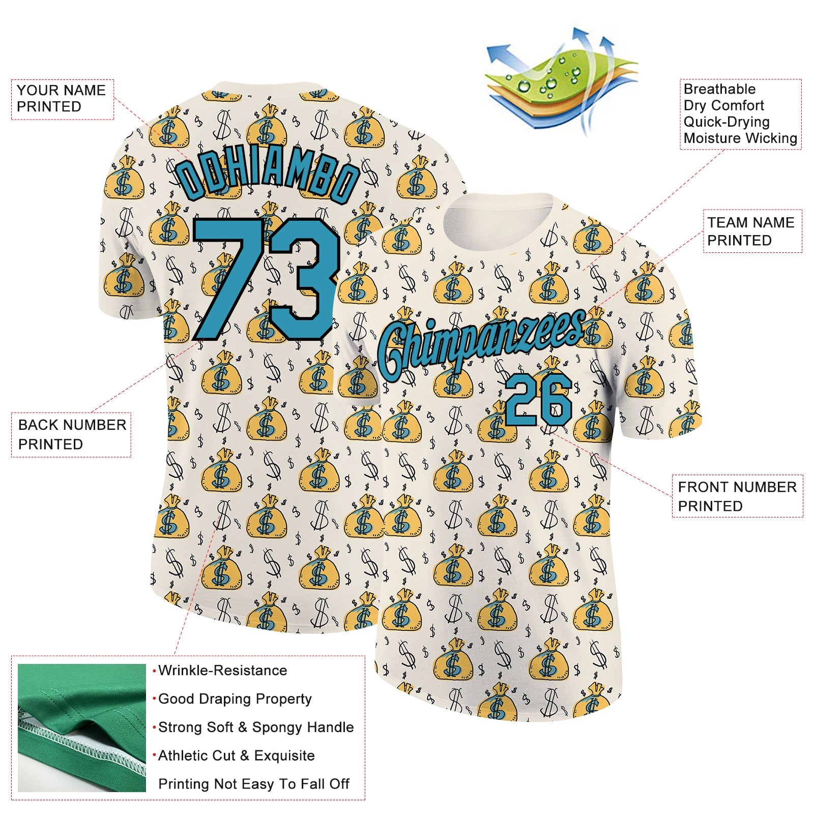 Custom Cream Panther Blue-Black 3D Pattern Design Dollar Sign Money Theme Performance T-Shirt view 2