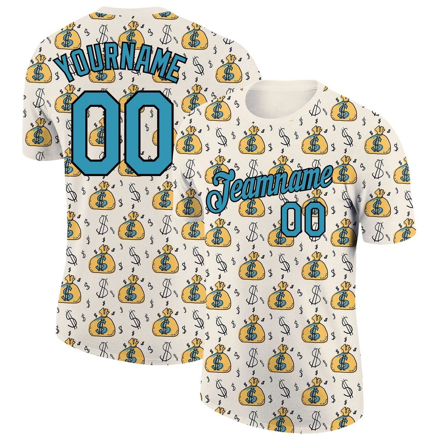 Custom Cream Panther Blue-Black 3D Pattern Design Dollar Sign Money Theme Performance T-Shirt - Main View