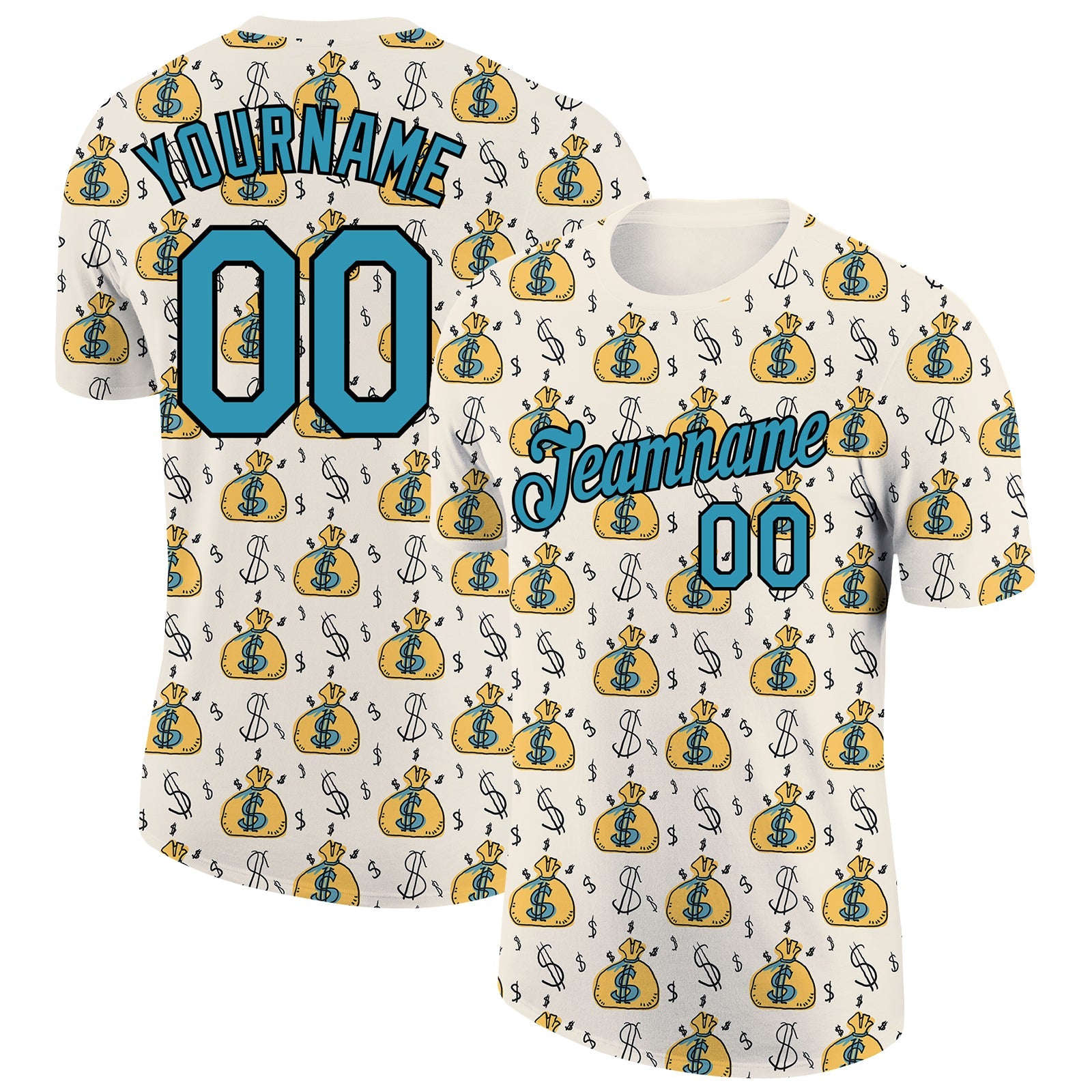 Custom Cream Panther Blue-Black 3D Pattern Design Dollar Sign Money Theme Performance T-Shirt - Main View