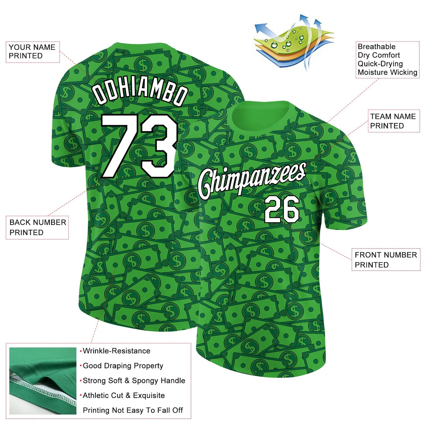 Custom Grass Green White-Black 3D Pattern Design Dollar Sign Money Theme Performance T-Shirt view 2