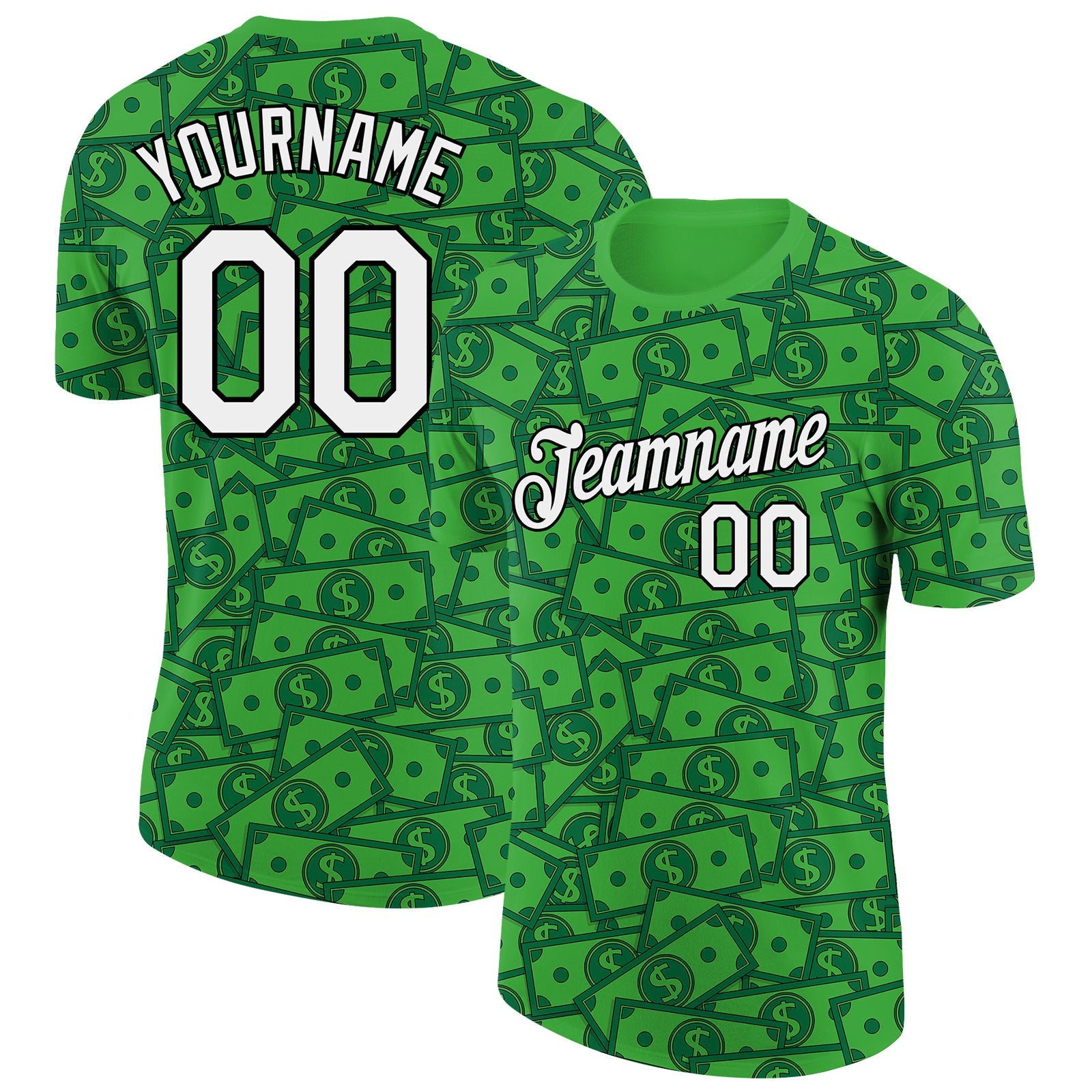 Custom Grass Green White-Black 3D Pattern Design Dollar Sign Money Theme Performance T-Shirt - Main View