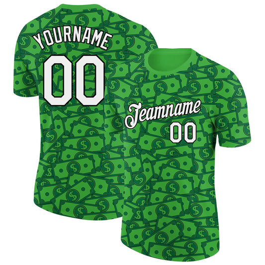 Custom Grass Green White-Black 3D Pattern Design Dollar Sign Money Theme Performance T-Shirt - Main View