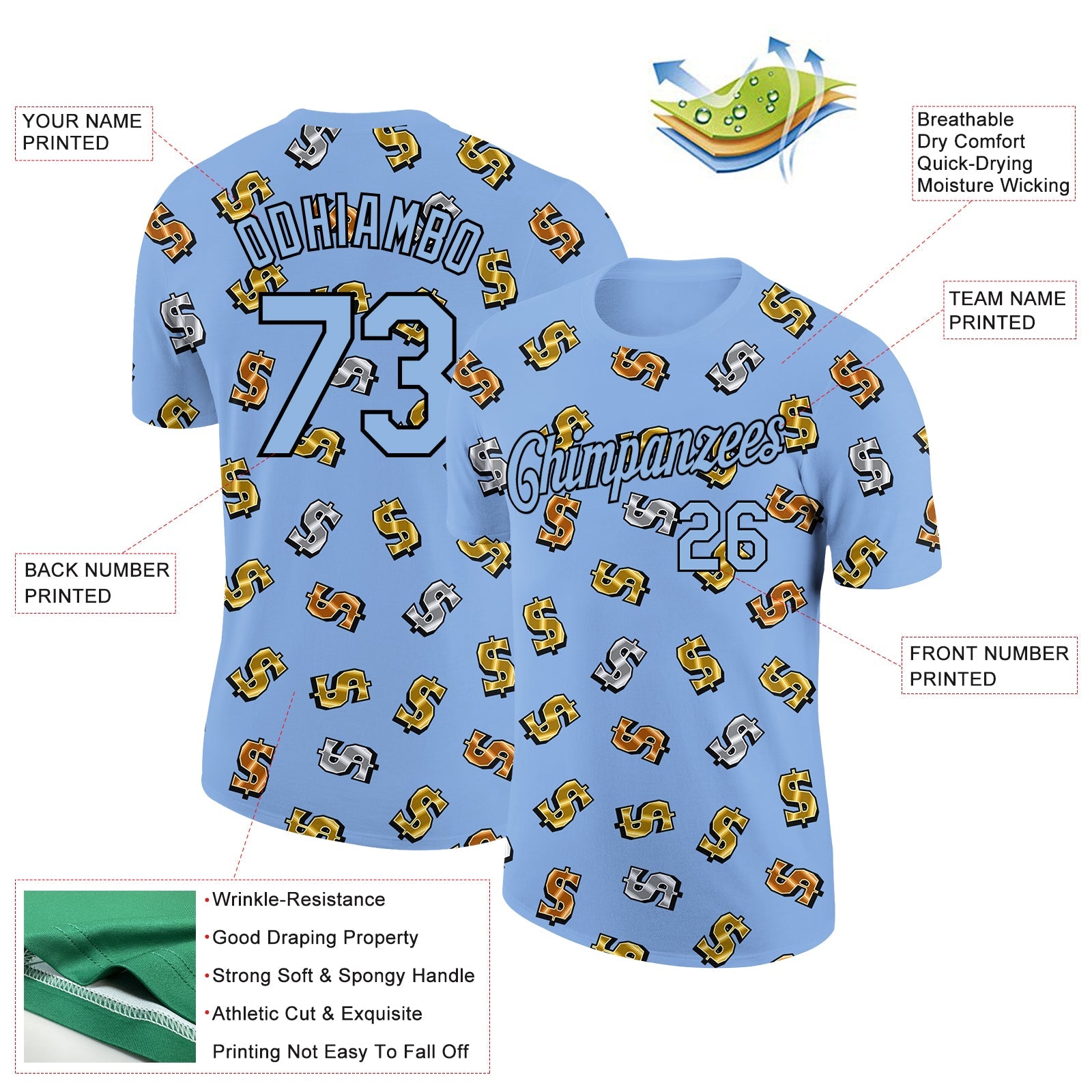 Custom Light Blue Black 3D Pattern Design Dollar Sign Money Theme Performance T-Shirt view 2