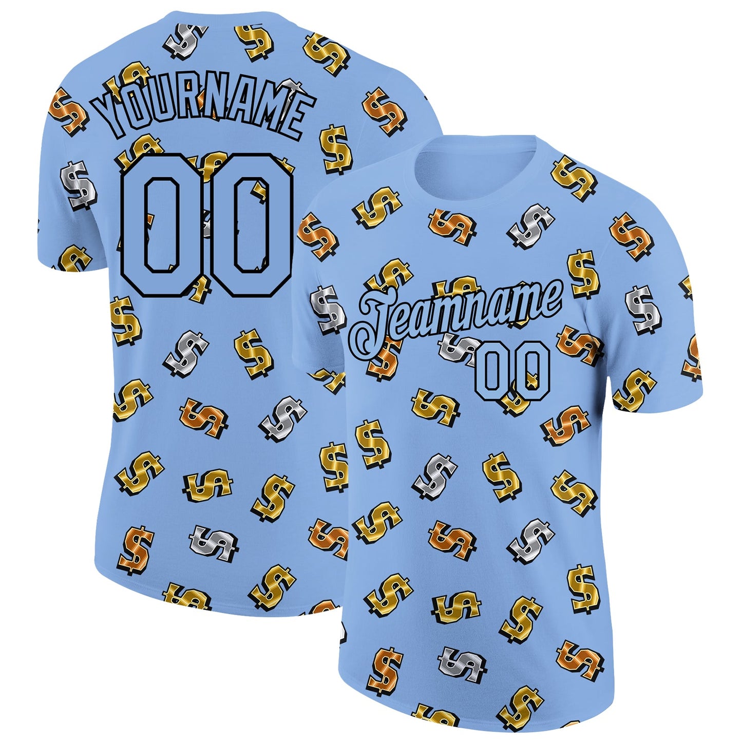 Custom Light Blue Black 3D Pattern Design Dollar Sign Money Theme Performance T-Shirt - Main View