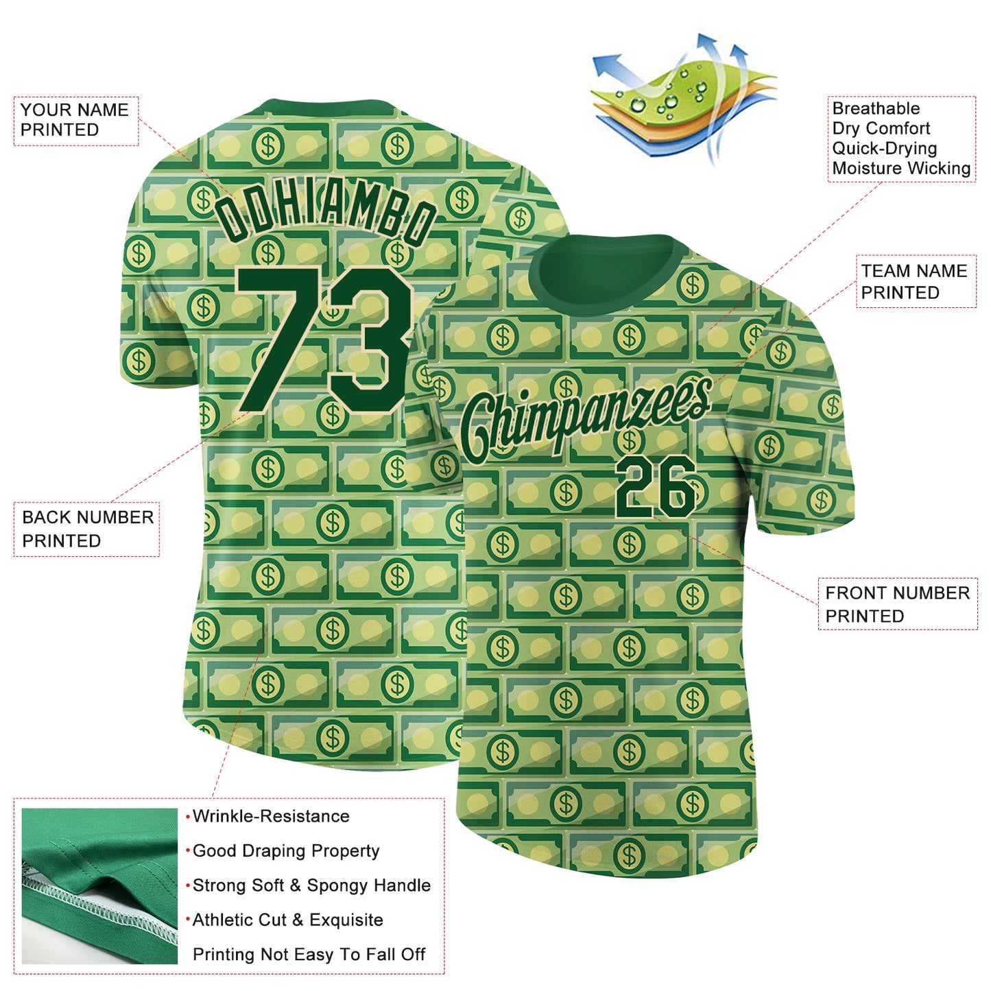 Custom Green City Cream 3D Pattern Design Dollar Banknote Money Theme Performance T-Shirt view 2