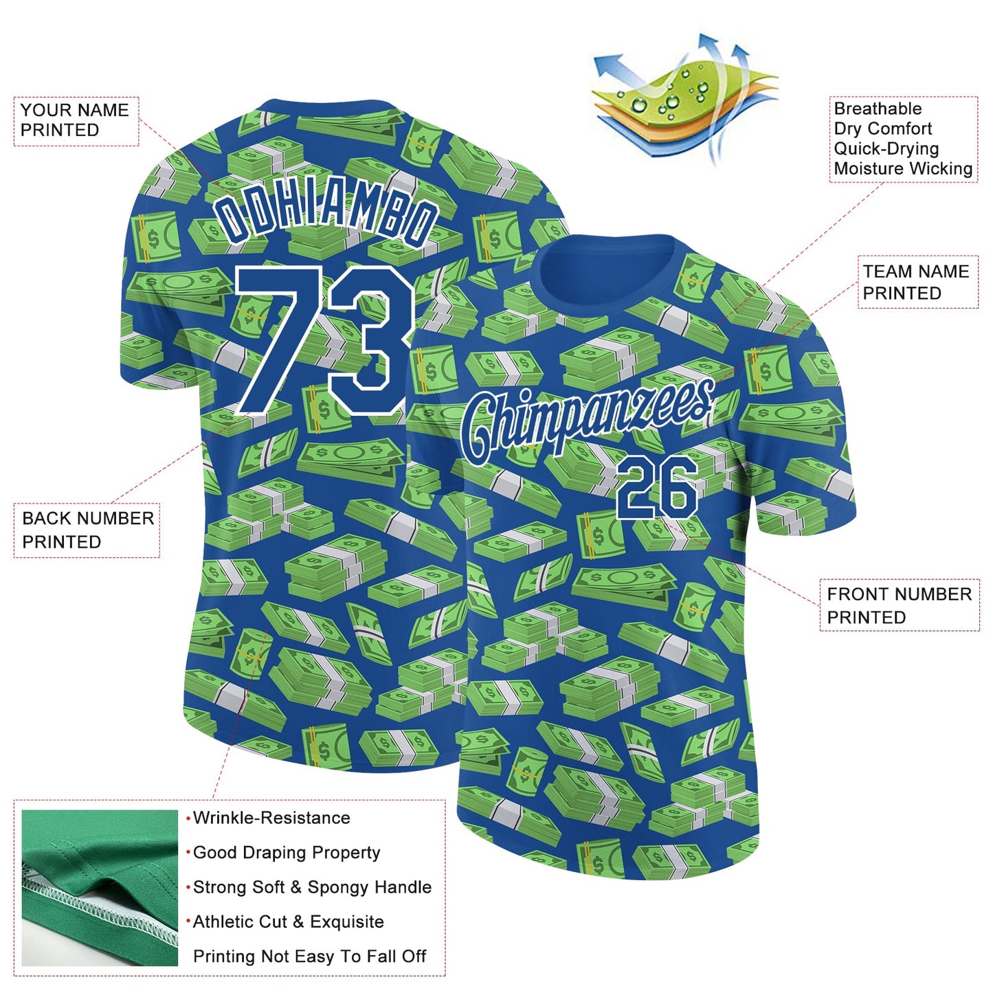 Custom Blue White 3D Pattern Design Dollar Banknote Money Theme Performance T-Shirt view 2