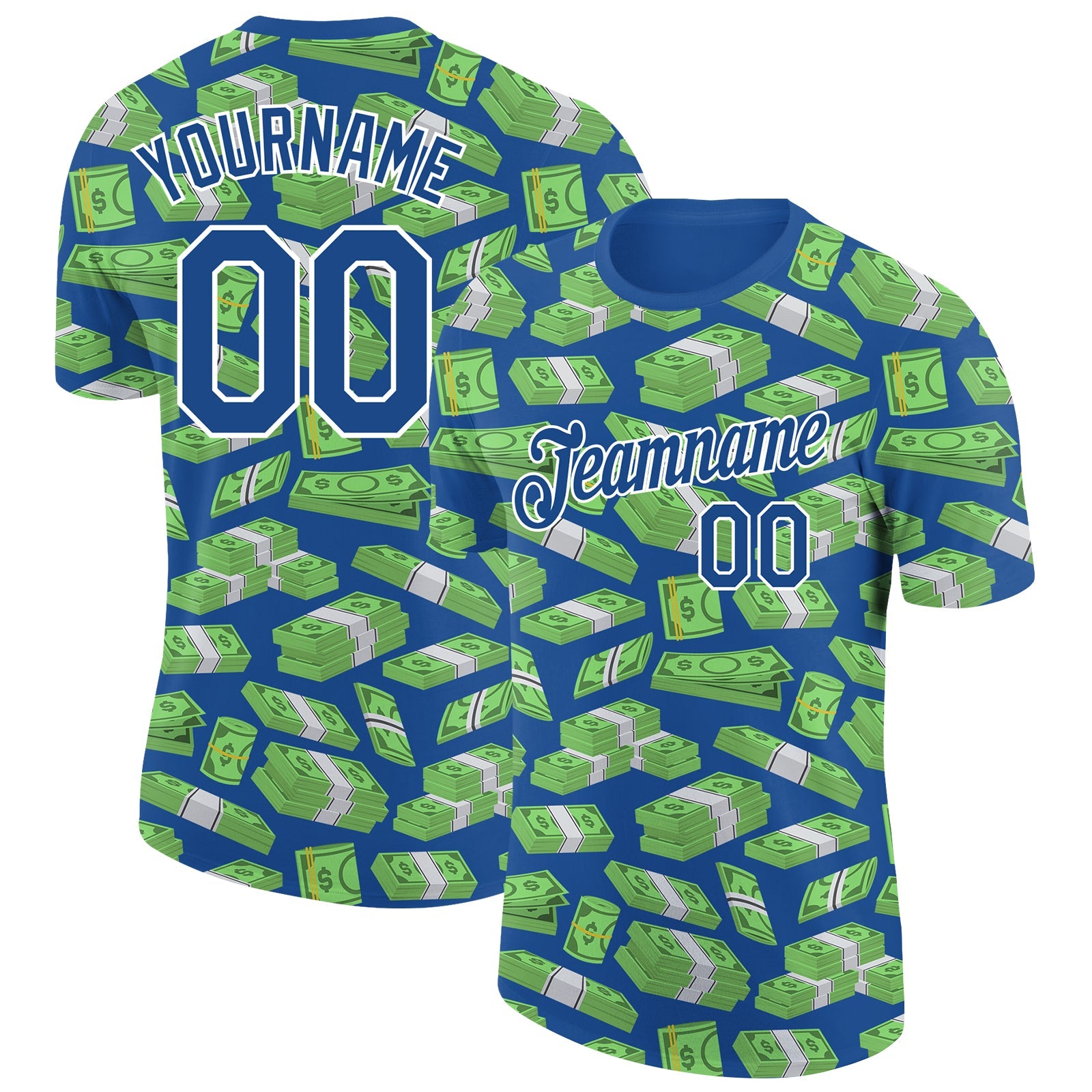 Custom Blue White 3D Pattern Design Dollar Banknote Money Theme Performance T-Shirt - Main View