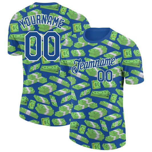 Custom Blue White 3D Pattern Design Dollar Banknote Money Theme Performance T-Shirt - Main View