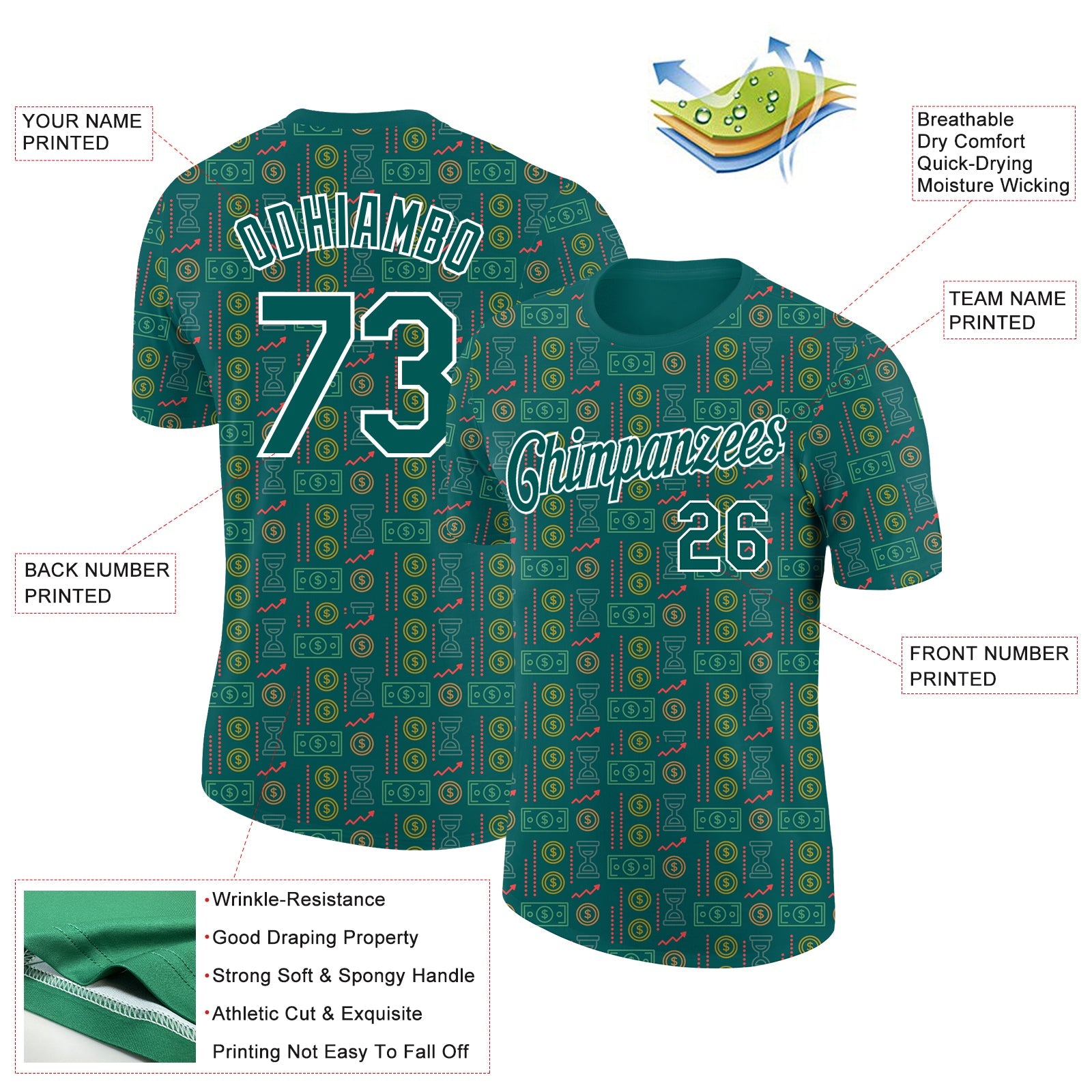 Custom Midnight Green White 3D Pattern Design Dollar Sign Money Theme Performance T-Shirt view 2