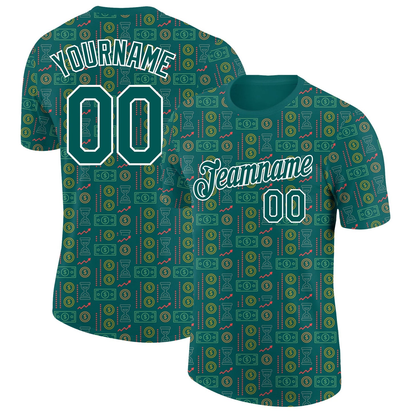 Custom Midnight Green White 3D Pattern Design Dollar Sign Money Theme Performance T-Shirt - Main View