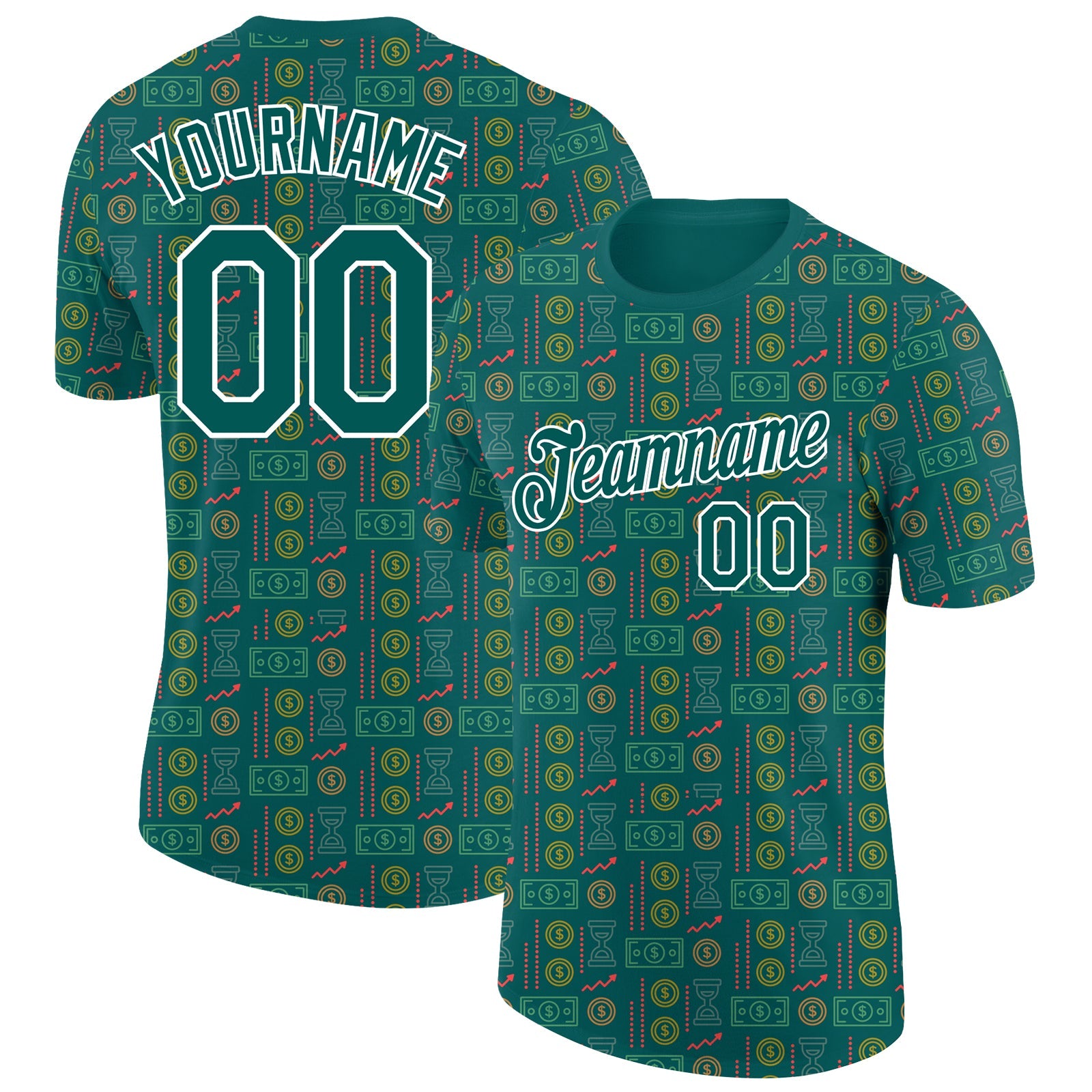 Custom Midnight Green White 3D Pattern Design Dollar Sign Money Theme Performance T-Shirt - Main View