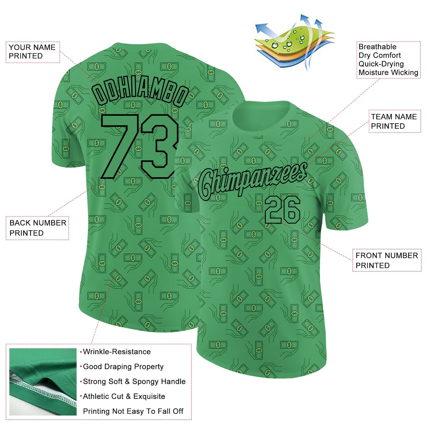 Custom Aurora Green Black 3D Pattern Design Dollar Banknote Money Theme Performance T-Shirt view 2