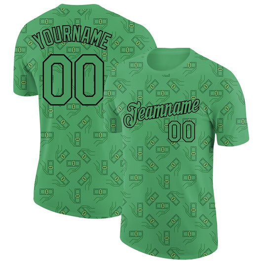 Custom Aurora Green Black 3D Pattern Design Dollar Banknote Money Theme Performance T-Shirt - Main View