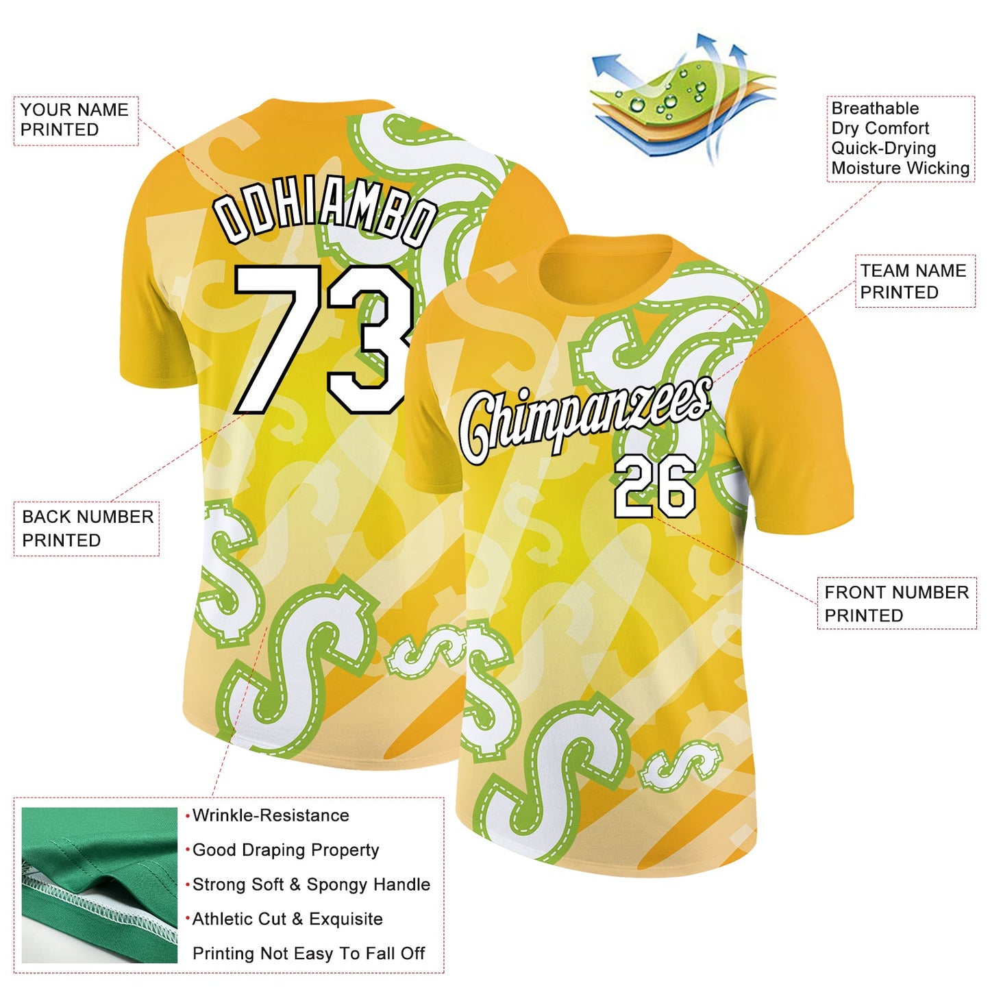 Custom Yellow White-Black 3D Pattern Design Dollar Sign Money Theme Performance T-Shirt view 2
