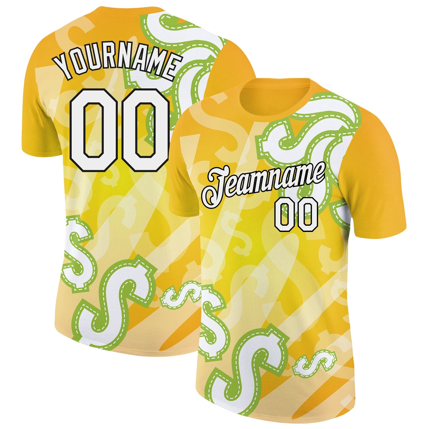 Custom Yellow White-Black 3D Pattern Design Dollar Sign Money Theme Performance T-Shirt - Main View