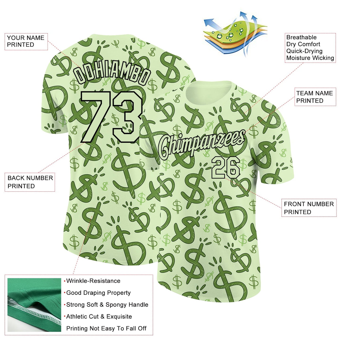 Custom Pea Green Black 3D Pattern Design Dollar Sign Money Theme Performance T-Shirt view 2