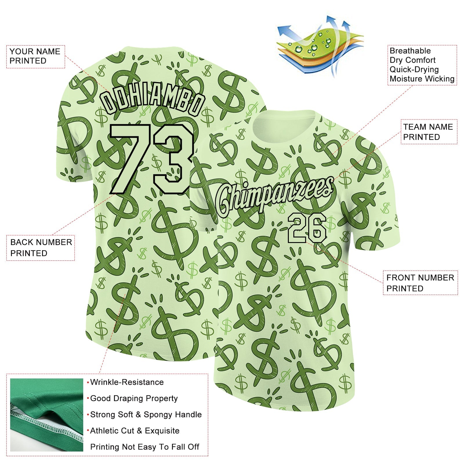 Custom Pea Green Black 3D Pattern Design Dollar Sign Money Theme Performance T-Shirt view 2