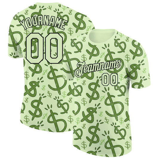 Custom Pea Green Black 3D Pattern Design Dollar Sign Money Theme Performance T-Shirt - Main View