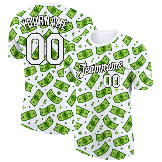 Custom White Black 3D Pattern Design Dollar Sign Money Theme Performance T-Shirt - Main View