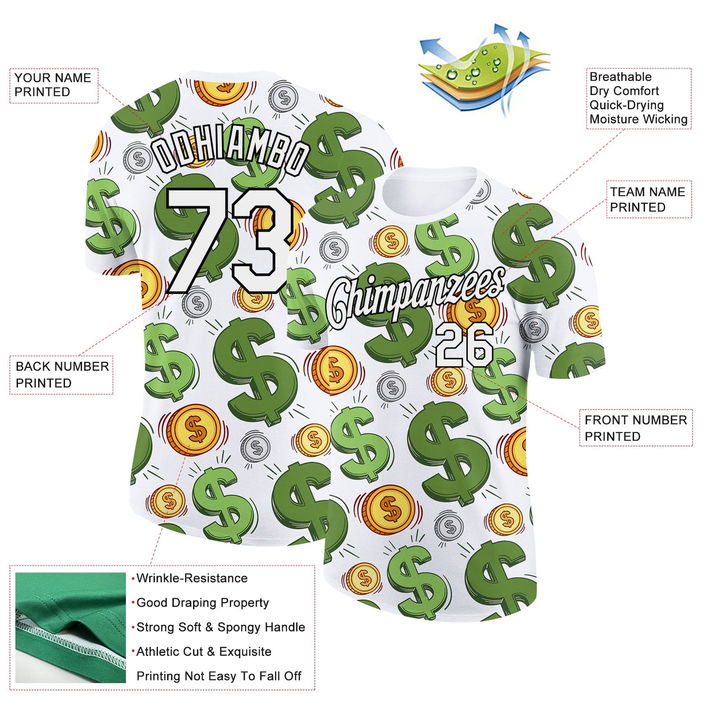 Custom White Black 3D Pattern Design Dollar Sign Money Theme Performance T-Shirt view 2