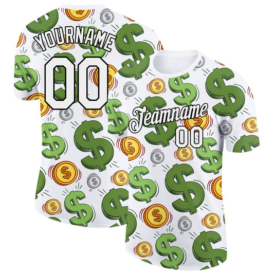 Custom White Black 3D Pattern Design Dollar Sign Money Theme Performance T-Shirt - Main View