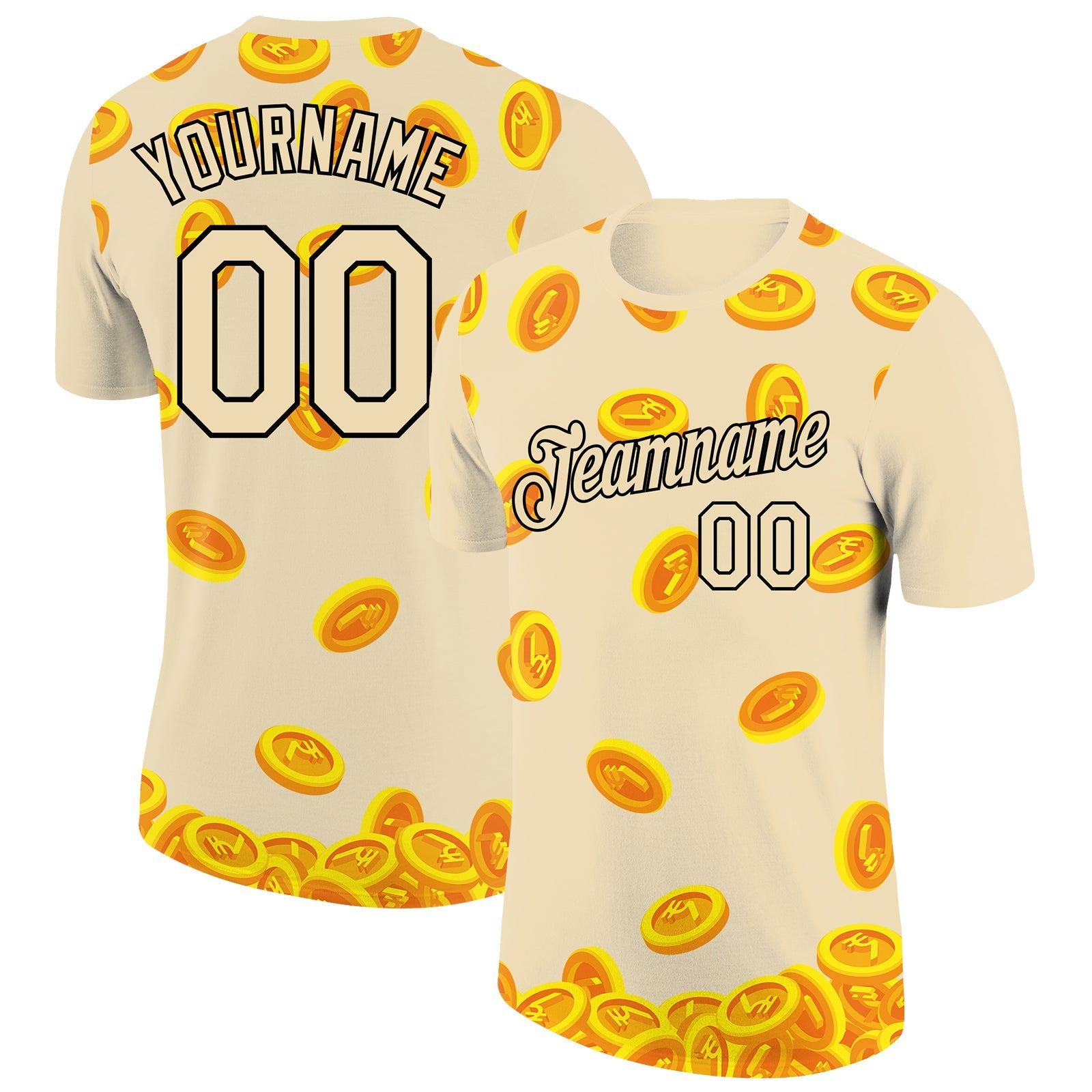 Custom City Cream Black 3D Pattern Design Rupee Sign Money Theme Performance T-Shirt - Main View