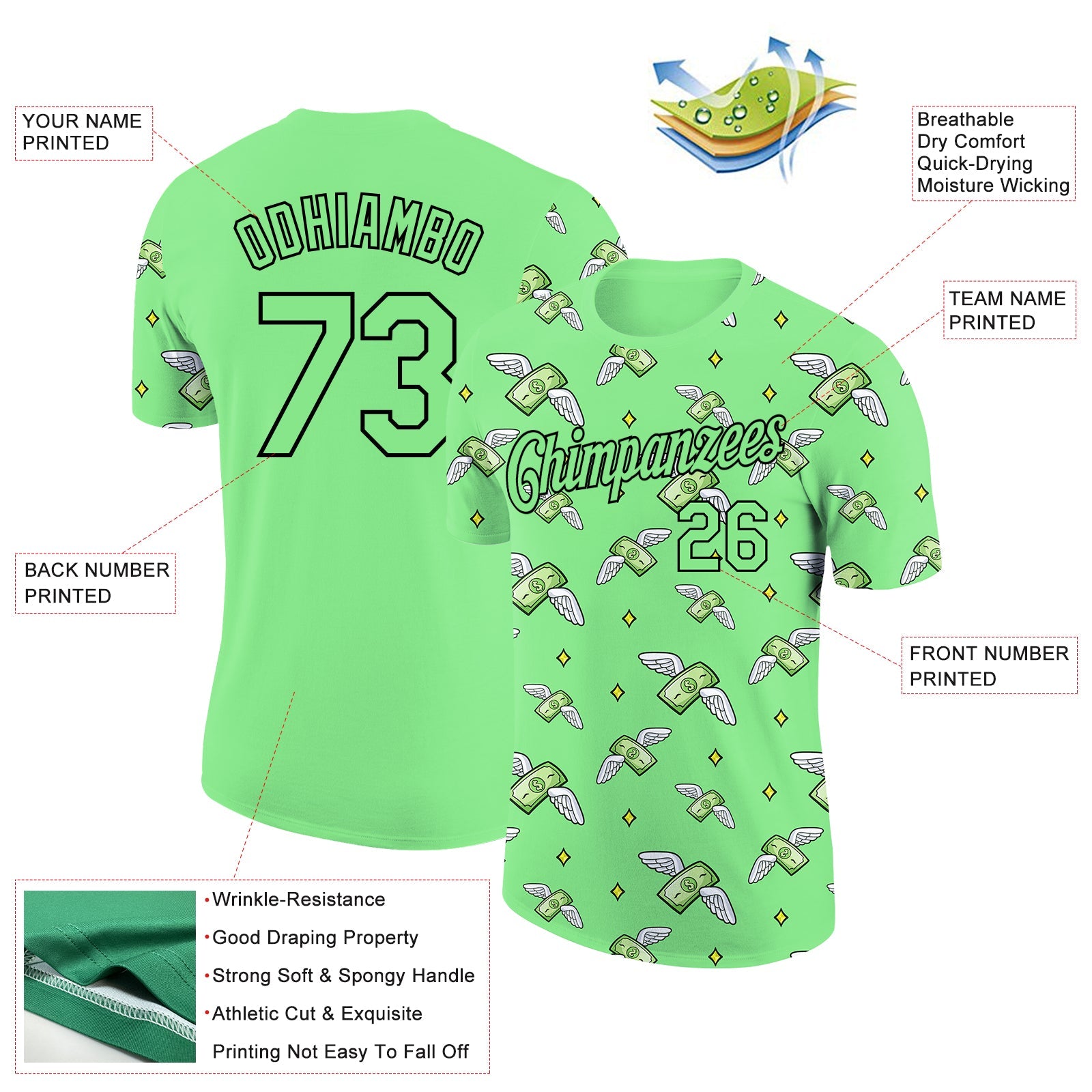 Custom Pea Green Black 3D Pattern Design Dollar Sign Money Theme Performance T-Shirt view 2