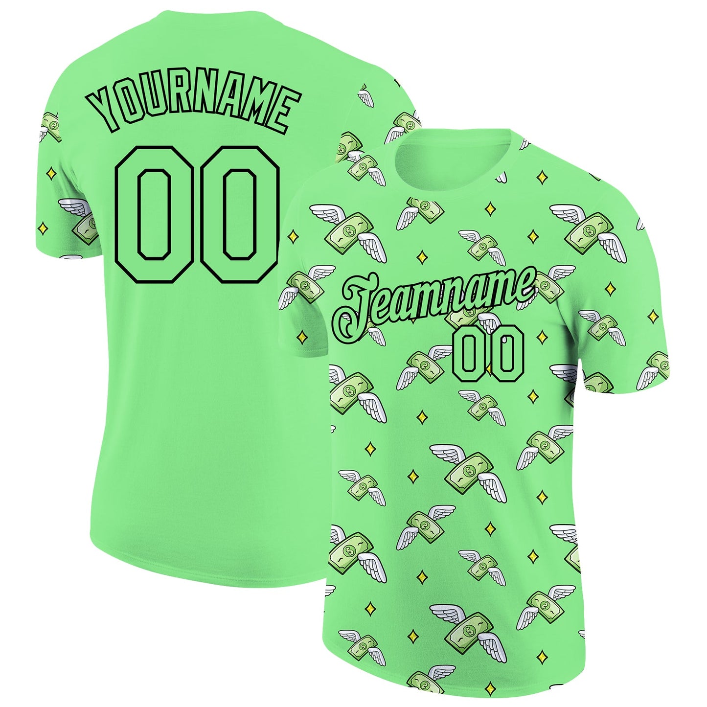 Custom Pea Green Black 3D Pattern Design Dollar Sign Money Theme Performance T-Shirt - Main View