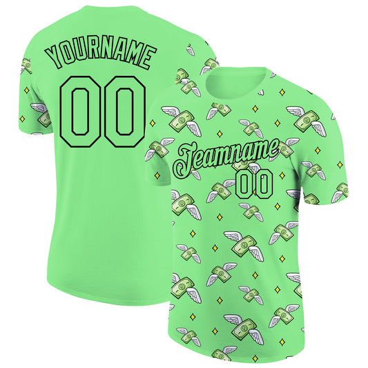 Custom Pea Green Black 3D Pattern Design Dollar Sign Money Theme Performance T-Shirt - Main View