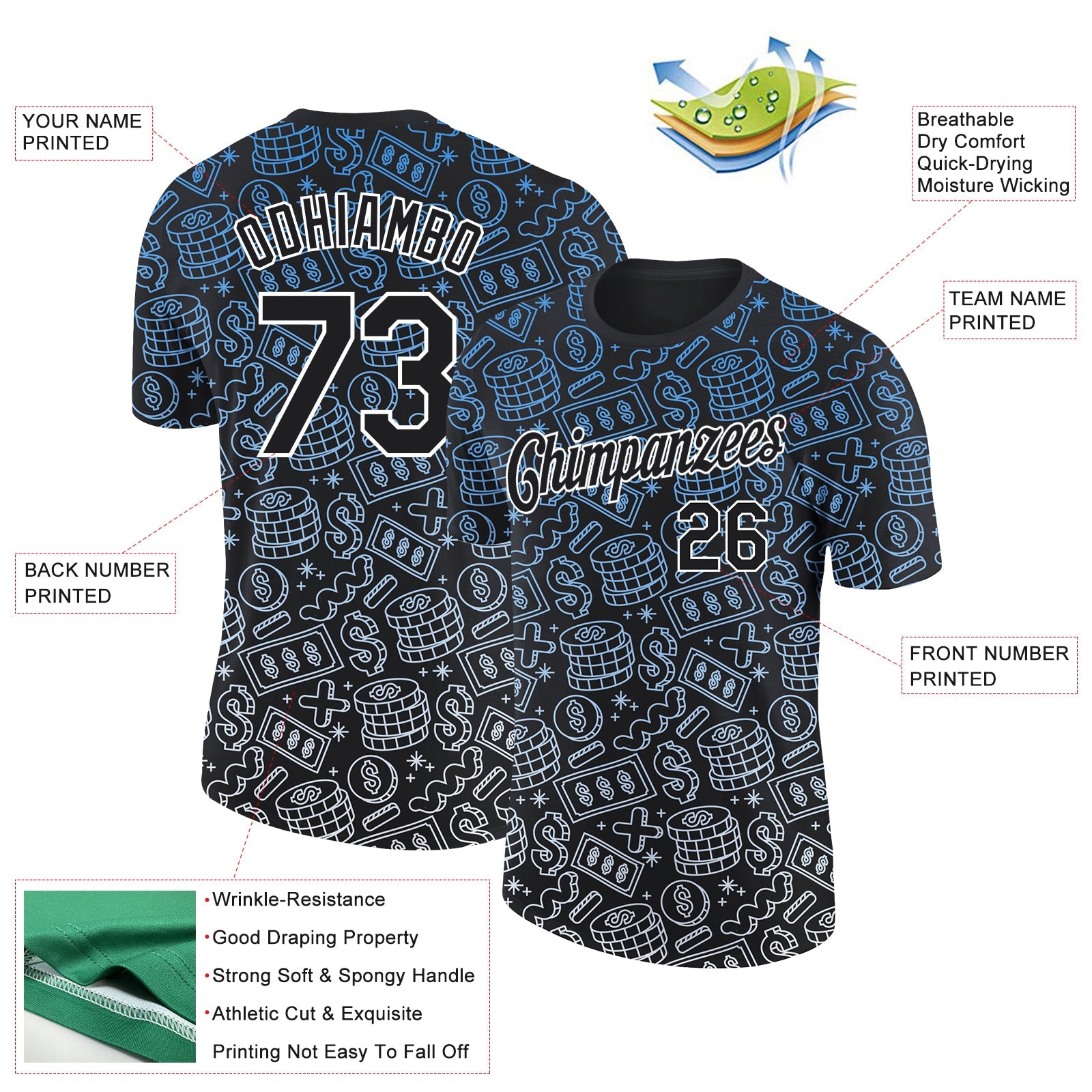 Custom Black White 3D Pattern Design Dollar Sign Money Theme Performance T-Shirt view 2