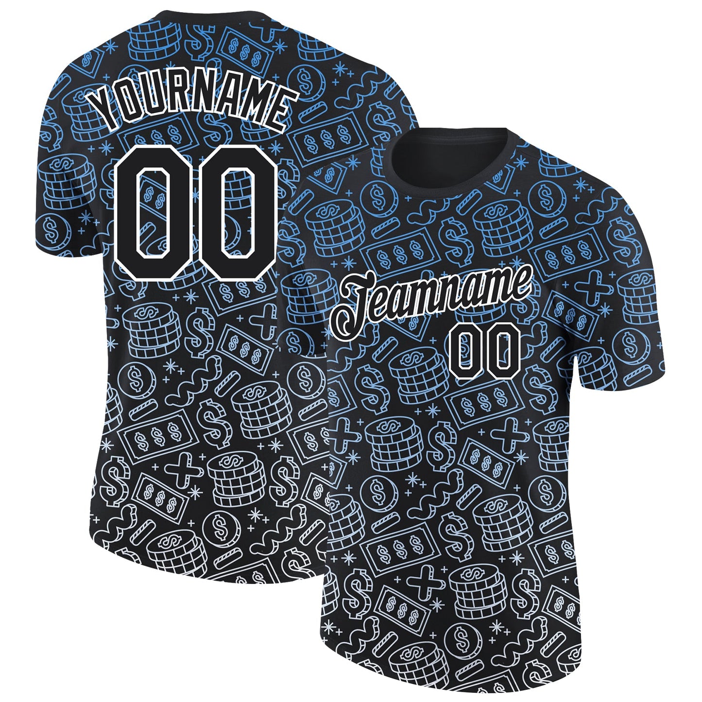 Custom Black White 3D Pattern Design Dollar Sign Money Theme Performance T-Shirt - Main View