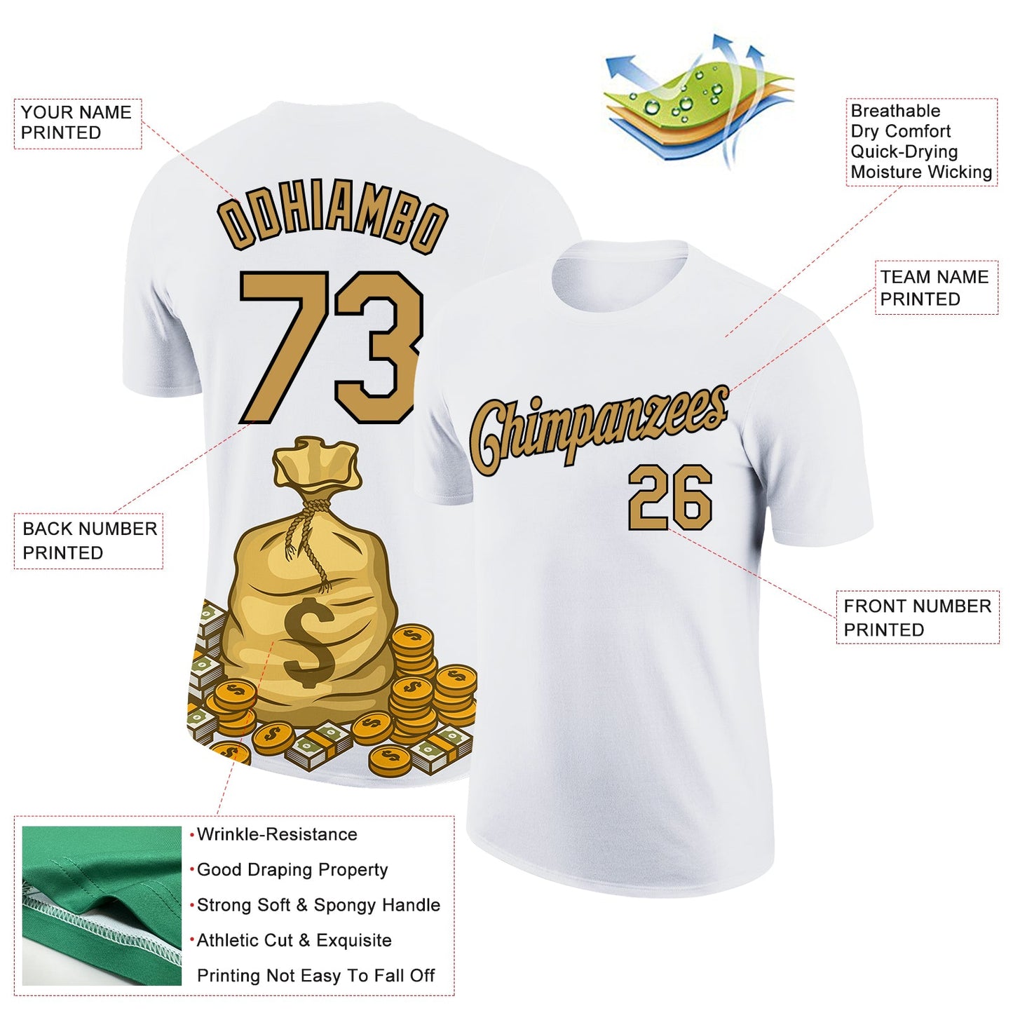 Custom White Old Gold-Black 3D Pattern Design Dollar Sign Money Theme Performance T-Shirt view 2