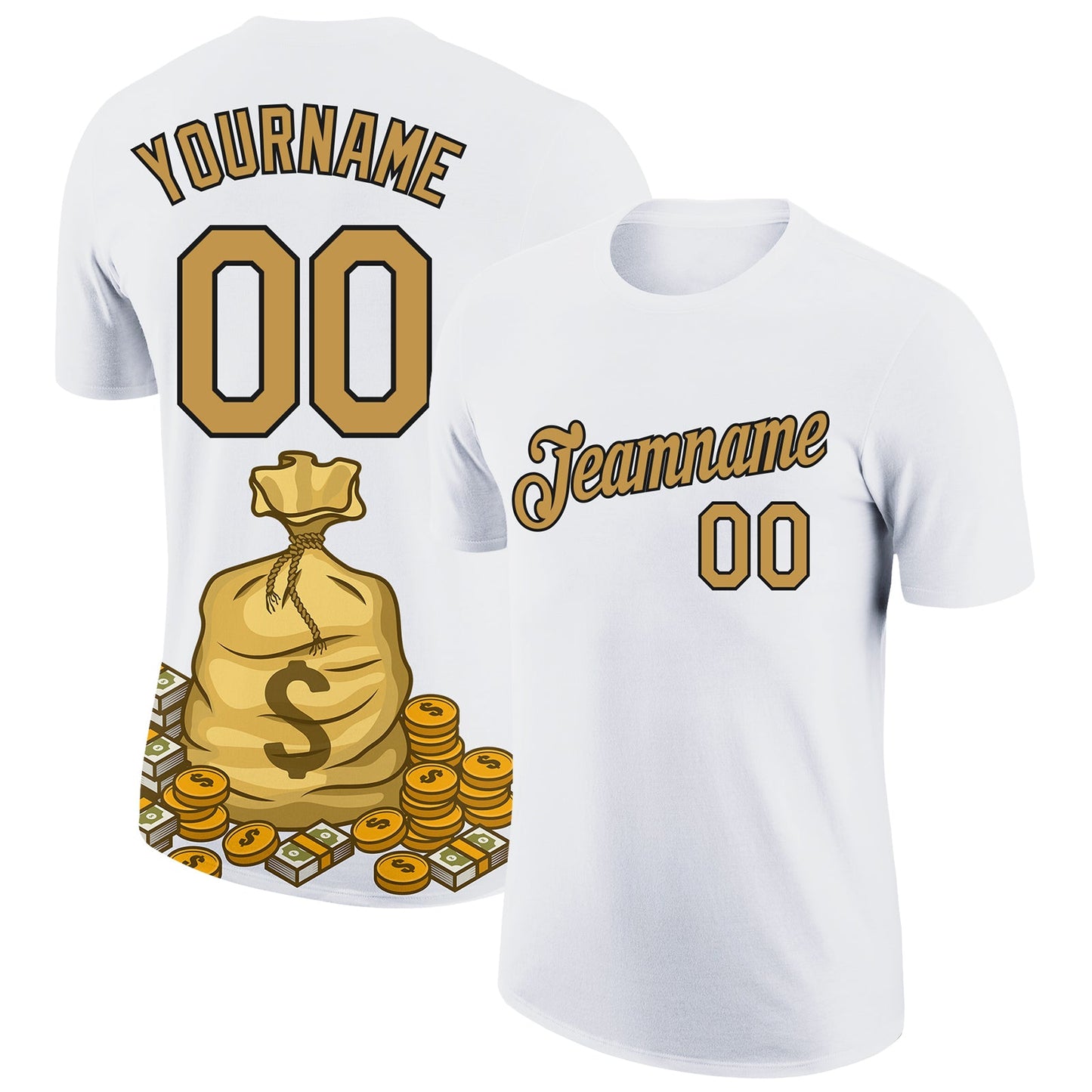 Custom White Old Gold-Black 3D Pattern Design Dollar Sign Money Theme Performance T-Shirt - Main View